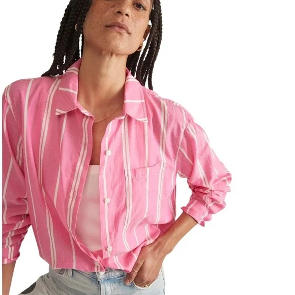 MARINE LAYER Pink White Stripe Button Down Shirt Relaxed Fit Women's‎ Small - Picture 11 of 11